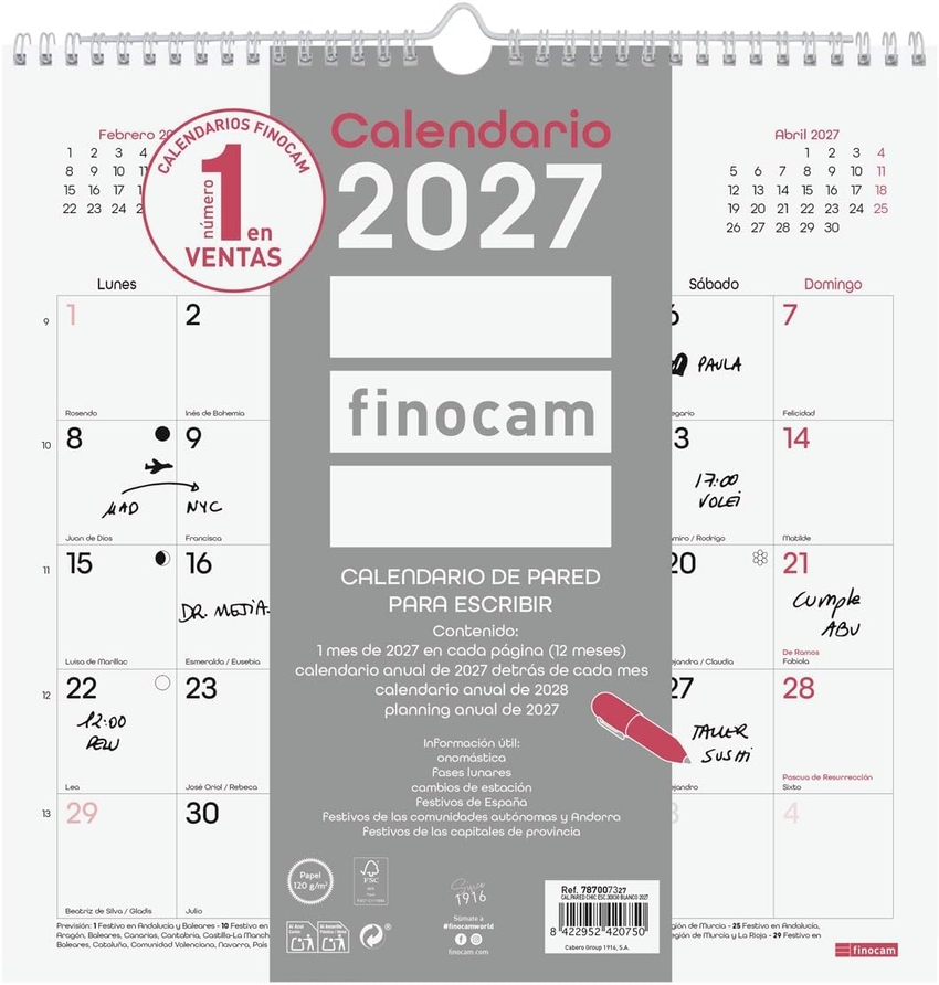 Calendario pared escribir chic 2027 30x30cm. blanco