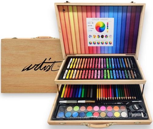 Maleta madera 2 pisos art studio artist con 106 piezas