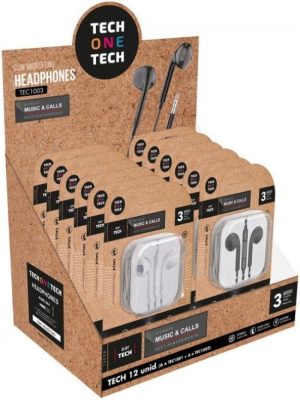 Expositor 12 auriculares ergonomicos eartech 6 de color blanco y 6 negros