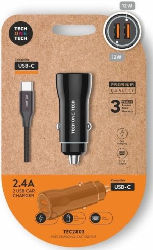 CARGADOR MECHERO COCHE + CABLE USBC NEGRO 12W NEGRO