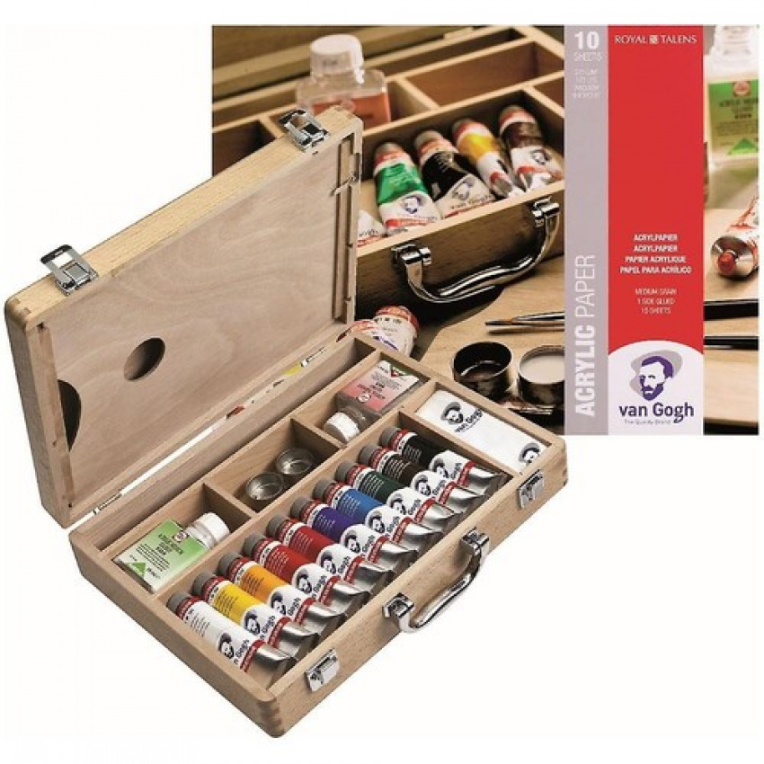 Caja madera 10 tubos de acrilico fino van gogh 40ml 32x24x7cm