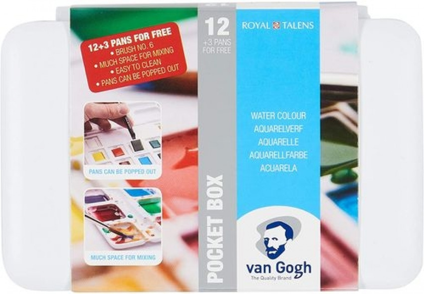 Estuche 12 pastillas acuarela van gohg pocket box + 1 pincel nº6 y recipiente compacto para mezclas + 3 colores de regalo